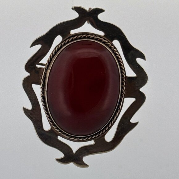 Estate Mexico Sterling Silver 925 Carnelian Cabochon Brooch Pin Pendant 48.3g - Picture 1 of 8